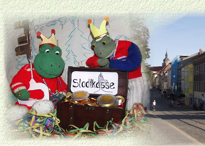 Der Schlüssel hat gepasst  und es sind auch noch einige Froschtaler in der Stadtkasse geblieben."Damit können wir etwas unseren Teich sanieren und das Wasser wieder auffüllen", schätzt Kurti ein.Doch jetzt stürzen wir uns mit dem Schlachtruf:FROSCHHAUS - HELLAU in das närrische Treiben!