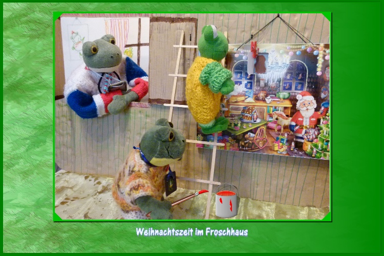 Karli:"Hast du vergessen, heute ist der 1.Dezember.Das 1. Fenster vom Adventskalender hat Fidibus schon geöffnet. Ich unterstütze Fidibus beim Einrühren der Farbe und halte die Leiter."Fidibus:"Das Fenster habe ich schon mit einer Klammer festgemacht, jetzt bleibt es offen.Das Fenster soll mit einer großen Zahl gekennzeichnet werden."Kurti:"Das ist gut, so kann sich jeder Teichbewohner am Kalender orientieren.Fast hätte ich das Öffnen des 1.Fensters verpasst."
