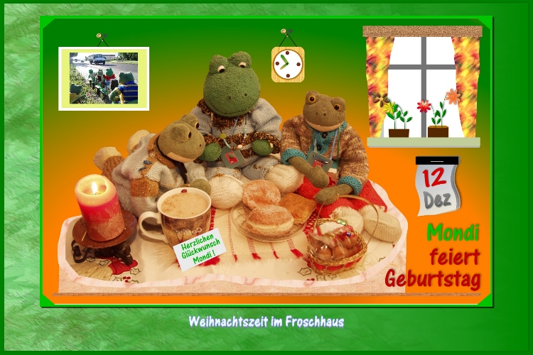 2 Tage später. Kurti und Berti gratulieren Mondi zum 11.Geburtstag."Wir wünschen Dir  vor allem weiterhin unfallfreie Fahrt mit dem Froschmobil und immer gute Laune am Steuer", überbringt Kurti seine Wünsche."Bleibe gesund und munter, dann fahren wir noch viel rauf und runter", reimt Berti seinen Wunsch.Kurti ergänzt:"Natürlich sollen wir Dich auch von allen anderen Freunden herzlich grüßen.Sie sind zur Zeit noch im Teichland beschäftigt.Wir haben für ein kleines Geschenk unsere Taler zusammen gelegt."Mondi freut sich :"Vielen Dank für die Wünsche und das Geschenk.Greift zu, die Pfannkuchen sind ganz frisch!"