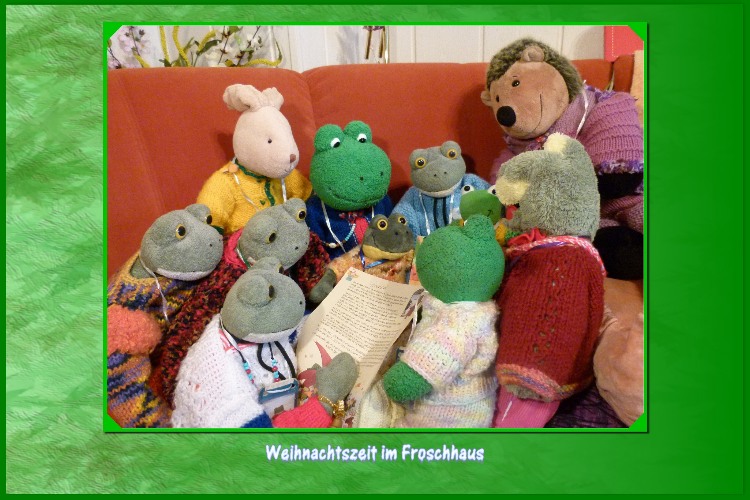 "Was schreibt denn der Weihnachtsmann?", will Hase Hoppel wissen.Kurti:"Er hat sich über unseren Brief gefreut und versucht alle unsere Wünsche zu Weihnachten zu erfüllen. Er hat viel zu tun mit seinen fleißigen Helfern."Mondi:"Im Brief ist auch eine kleine Überraschung, es sind 2  Grußkarten.Diese können wir noch an weitere Freunde versenden."Borstel:"Ich lese mir den Brief dann in aller Ruhe durch."Kurti:"Ich lege den Brief bei mir auf den Tisch, jeder kann ihn dann lesen."Fridolin:"Ich lese ihn zuerst, ich muß mich noch um das Kekse backen kümmern."