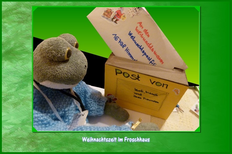 Fridolin unterstützt Kurti und Mond:"Seht mal , ich habe den Briefumschlag noch mit Weihnachtsbildern versehen, der Weihnachtsmann wird sich bestimmt freuen.Die Anschrift stimmt auch , ihr könnt das Weih-nachtspostamt nicht verfehlen.Für eure Reise habe ich auch die Trinkflaschen aufgefüllt. Bitte grüßt den Weih-nachtsmann auch von uns", gibt er den Reisenden mit auf den Weg.